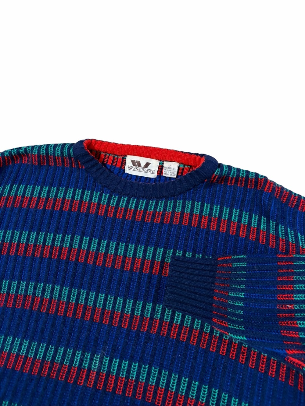VTG Wayne Scott Acrylic Grandpa Sweater Mens Medium 80s Blue Retro Colorful